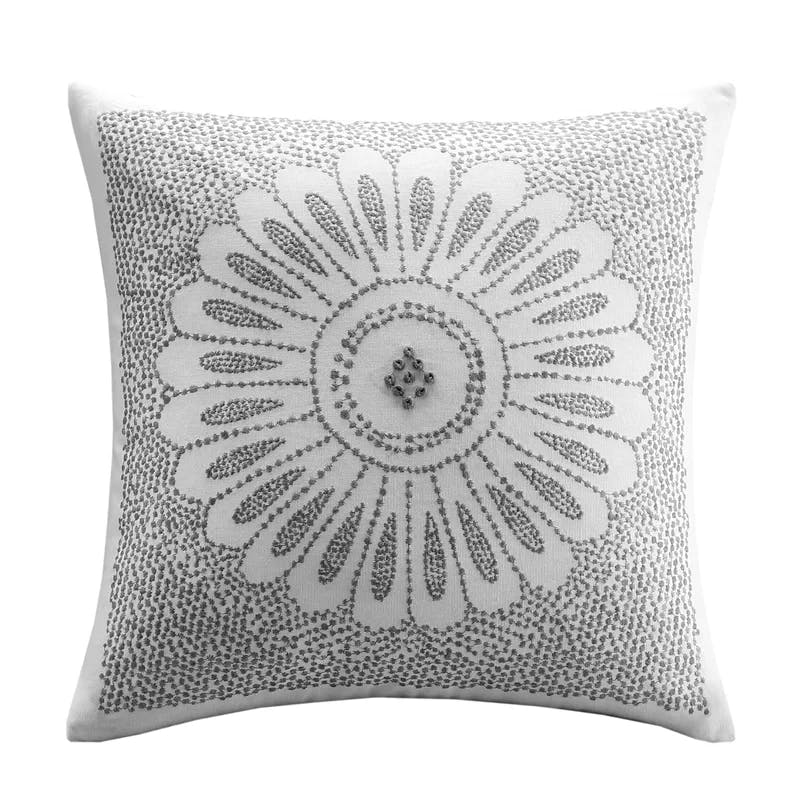 Sofia 20" Modern Medallion Embroidered Grey and Off-White Square Pillow