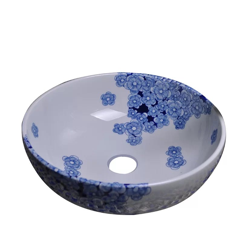Elegant Blue and White Hand-Painted Ceramic Vessel Sink 16.25"
