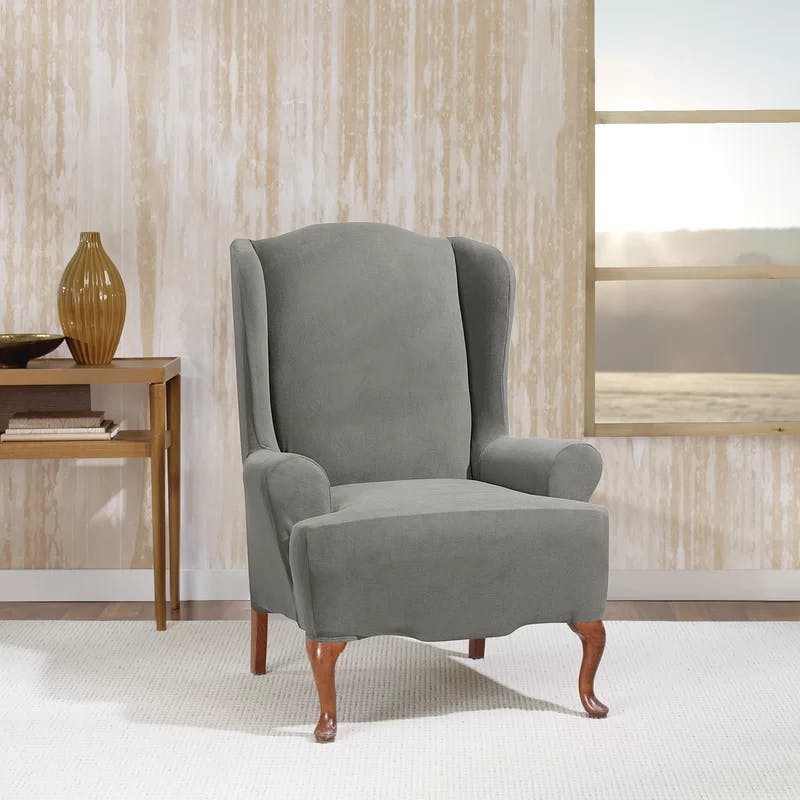 Elastic Stretch Gray T-Cushion Wingback Chair Slipcover