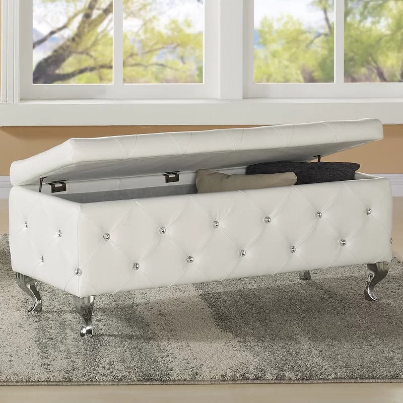 Crystal White Faux Leather Tufted Storage Footstool