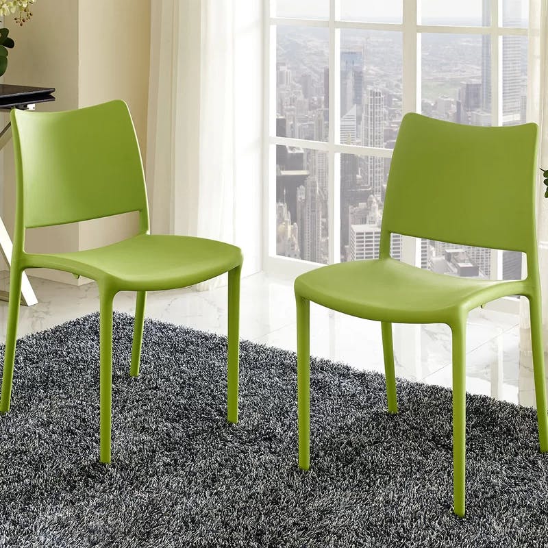 Modern Minimalist Stackable Green Plastic Side Chair Set of 2