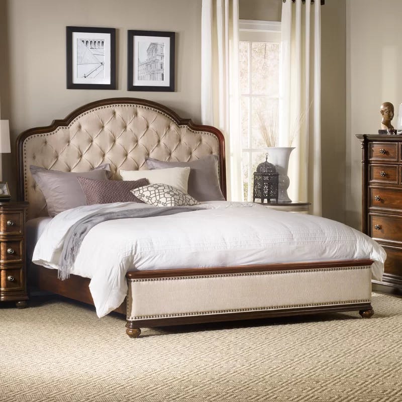 Kingston Traditional Beige King Upholstered Bed with Nailhead Trim