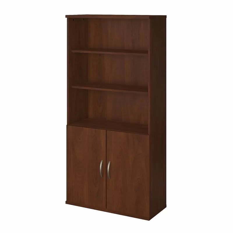 Hansen Cherry Wood 5-Shelf Bookcase with Adjustable Shelves and Doors