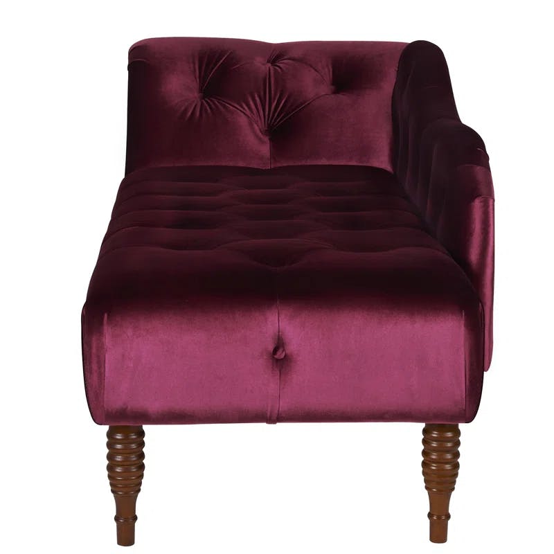 Burgundy Velvet Tufted Roll Arm Chaise Lounge with Wood Frame