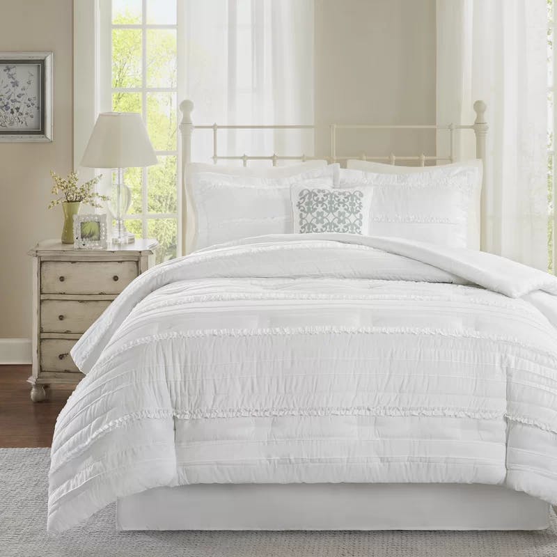 Serene White Queen Ruffled 5-Piece Microfiber Comforter Set