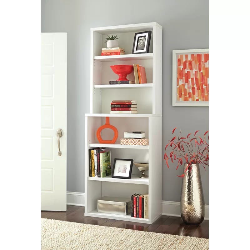 Elegant White 6-Tier Hutch Bookcase with Adjustable Shelves