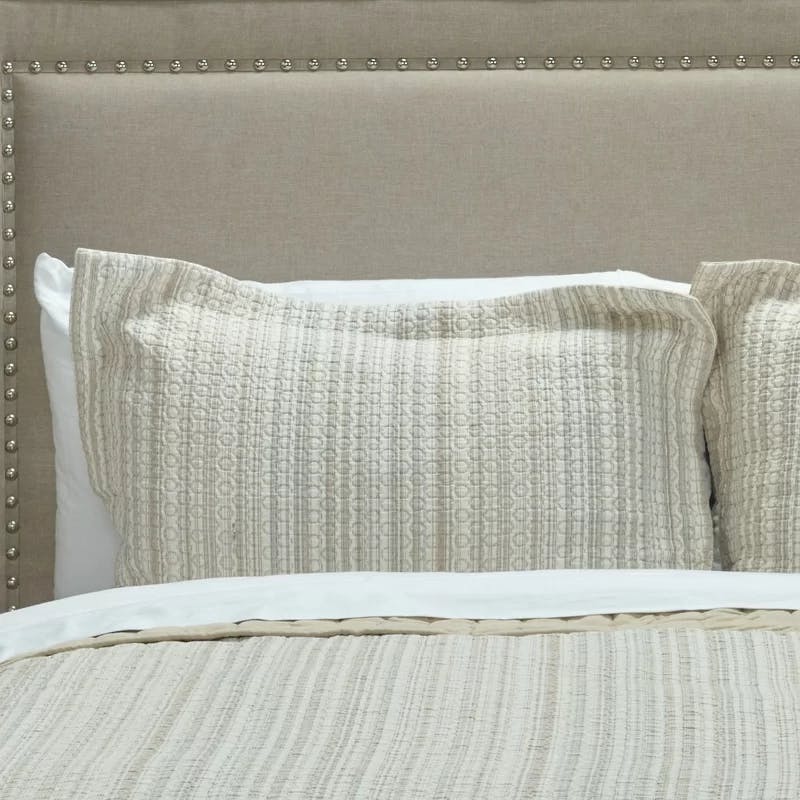 Hand-Quilted Embroidered Cotton King Sham in Neutral Hues