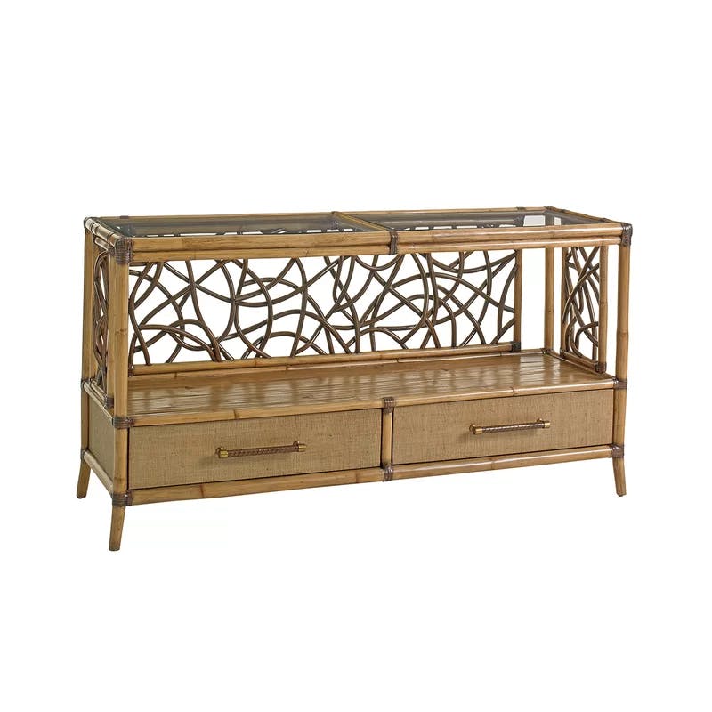 Transitional Brown Wood & Glass Serving Console with Storage