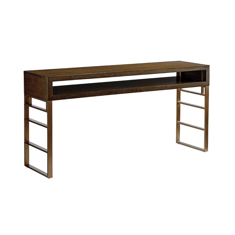 Transitional Mocha and Bronze 60" Metal and Wood Console with Storage