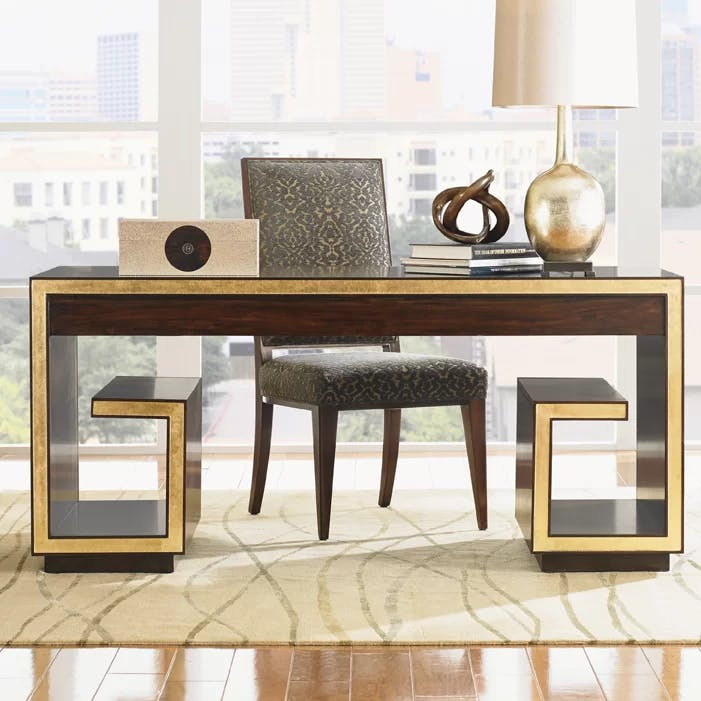 Transitional Walnut and Gold Leaf Home Office Desk with Drawers