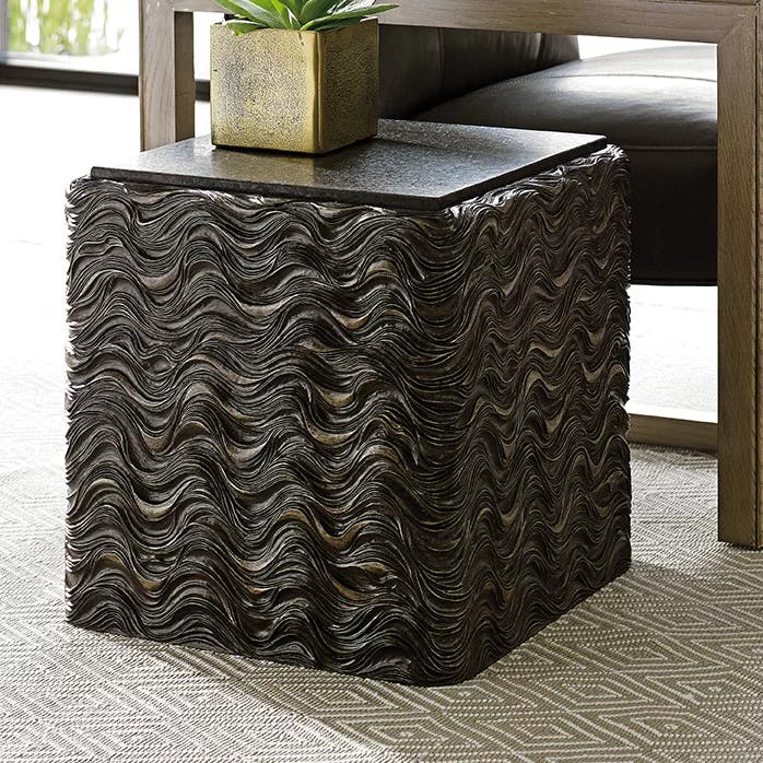 Transitional Black Pearl Stone & Metal Square End Table