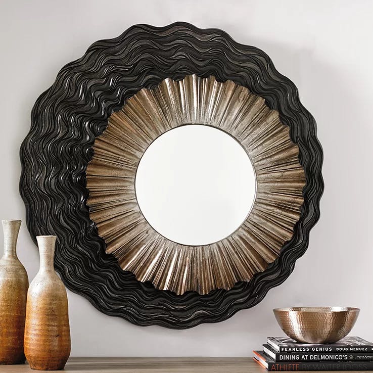 Transitional Round Wood & Silver 38" Wall Mirror