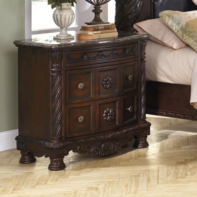 Grandeur Brown Traditional 3-Drawer Nightstand with Marble Top