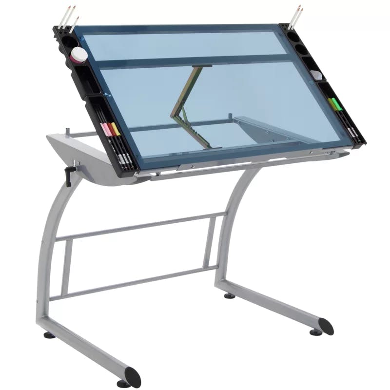 TriFlex Dual-Tilt Glass Crafting Desk in Silver/Blue
