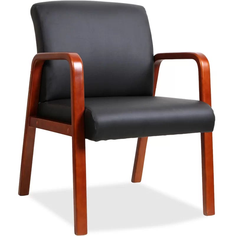 Cherry Wood and Black Bonded Leather Fixed Arm Guest Chair