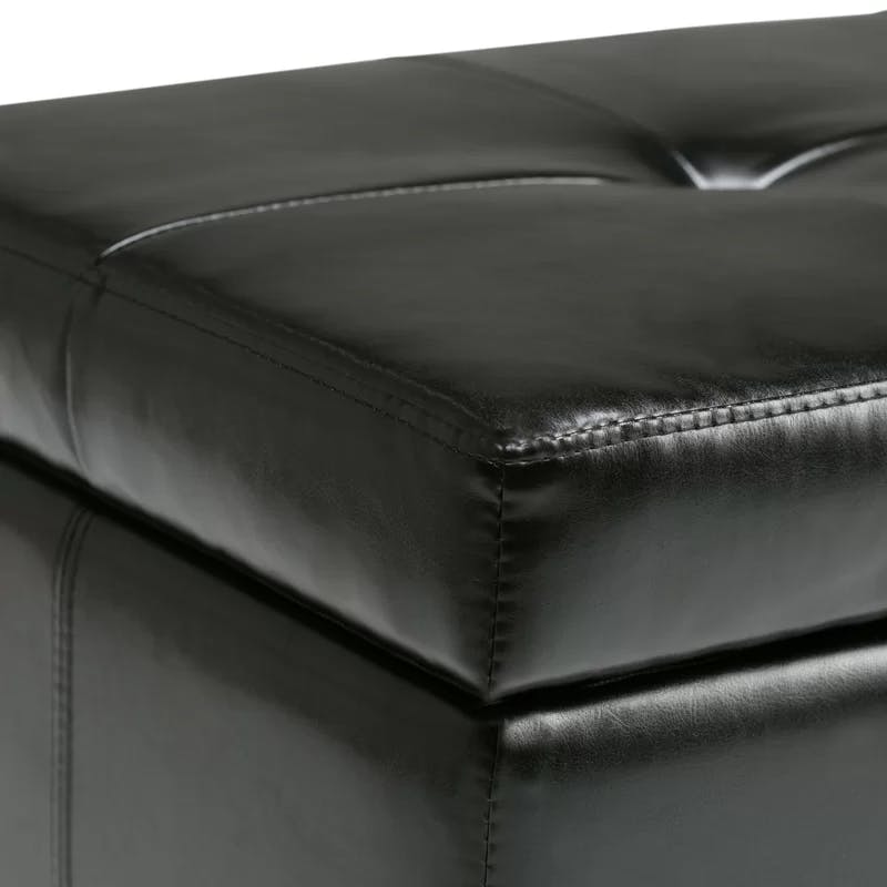 Midnight Black Bonded Leather Tufted Storage Ottoman Bench