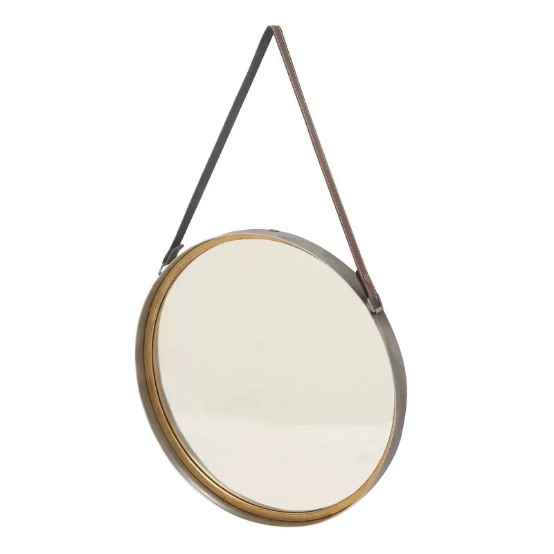 Contemporary Round Gold Metal Mirror with Leather Hang Strap