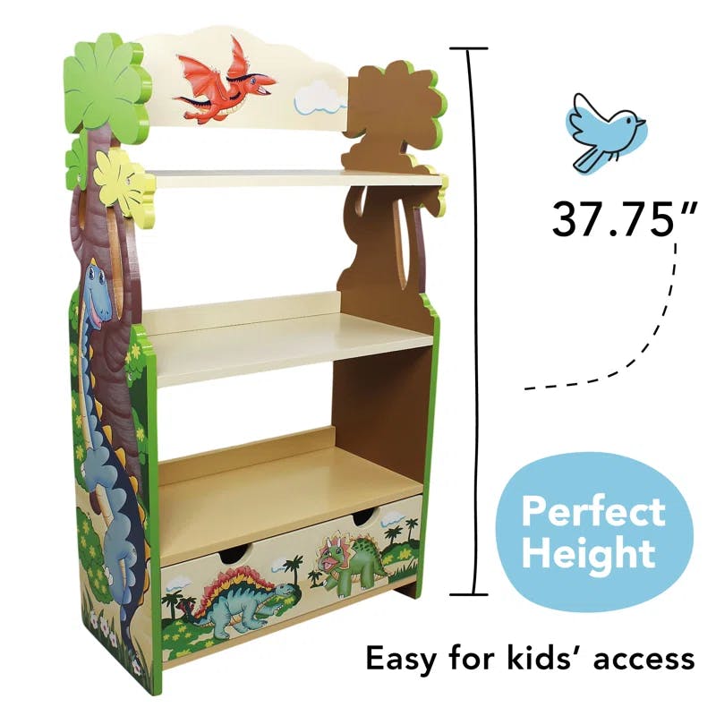 Dinosaur Kingdom Whimsical Kids' Wooden Bookshelf with Drawer