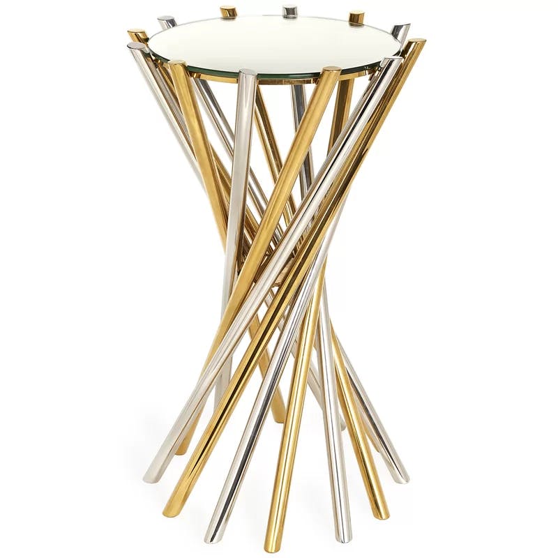 Electrum Kinetic Round Mirrored Accent Table in Brass and Nickel