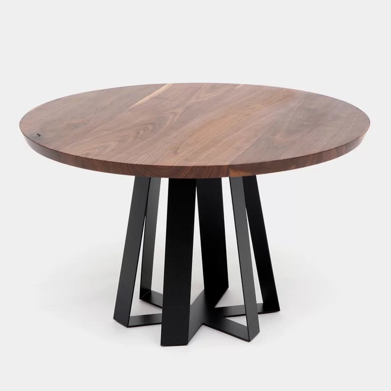 Modern Round Walnut Dining Table with Hexagon Steel Base
