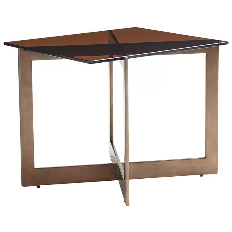 Transitional Bronze Metal and Amber Glass Rectangular End Table