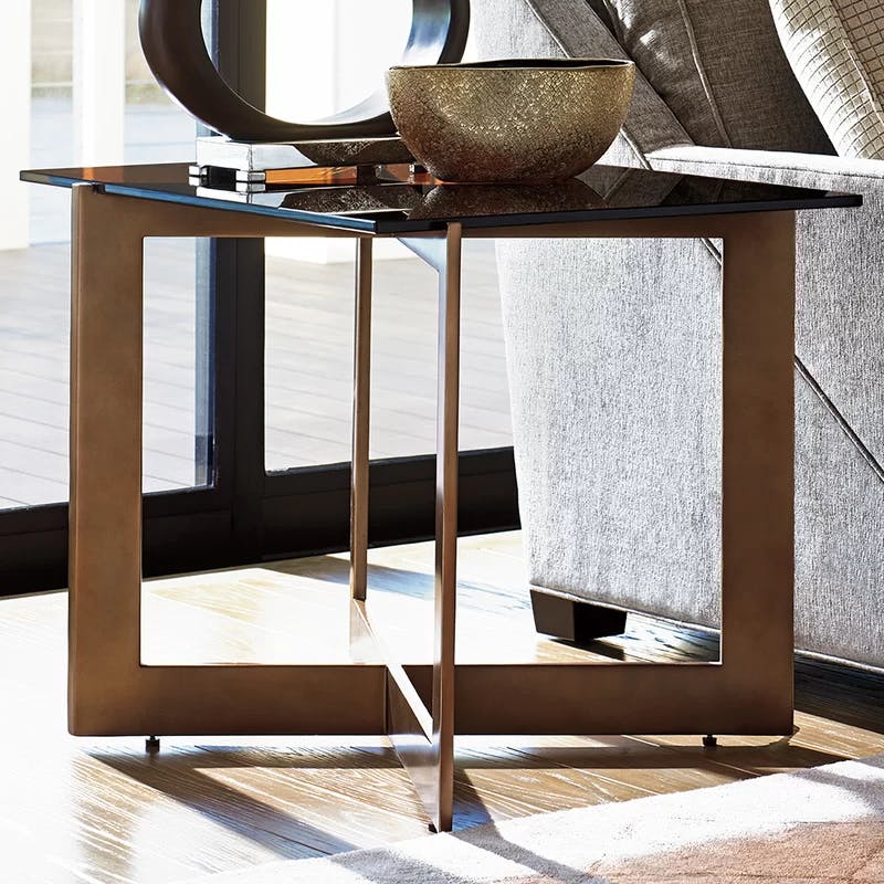Transitional Bronze Metal and Amber Glass Rectangular End Table