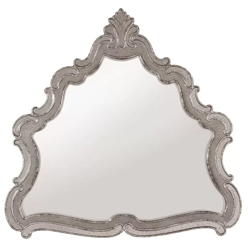 Epoque Greige Carved Oak Wall Mirror with Gold Shimmer Accents
