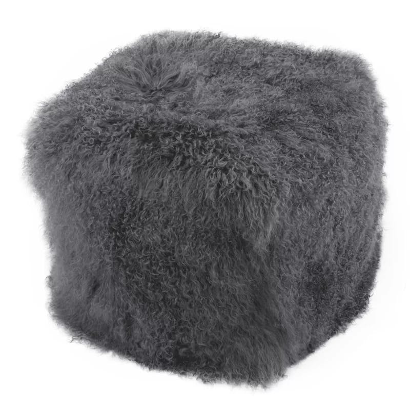 Contemporary Charcoal Grey Lamb Fur 22" Square Pouf Ottoman