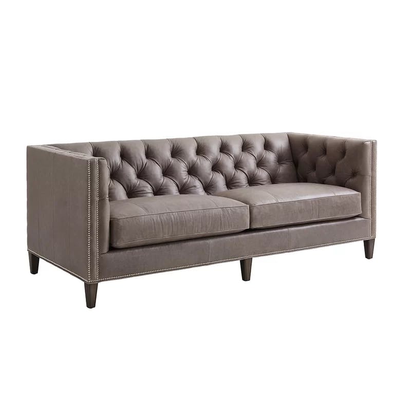 Camille Full Grain Brown Leather Tufted Sofa with Nailhead Trim