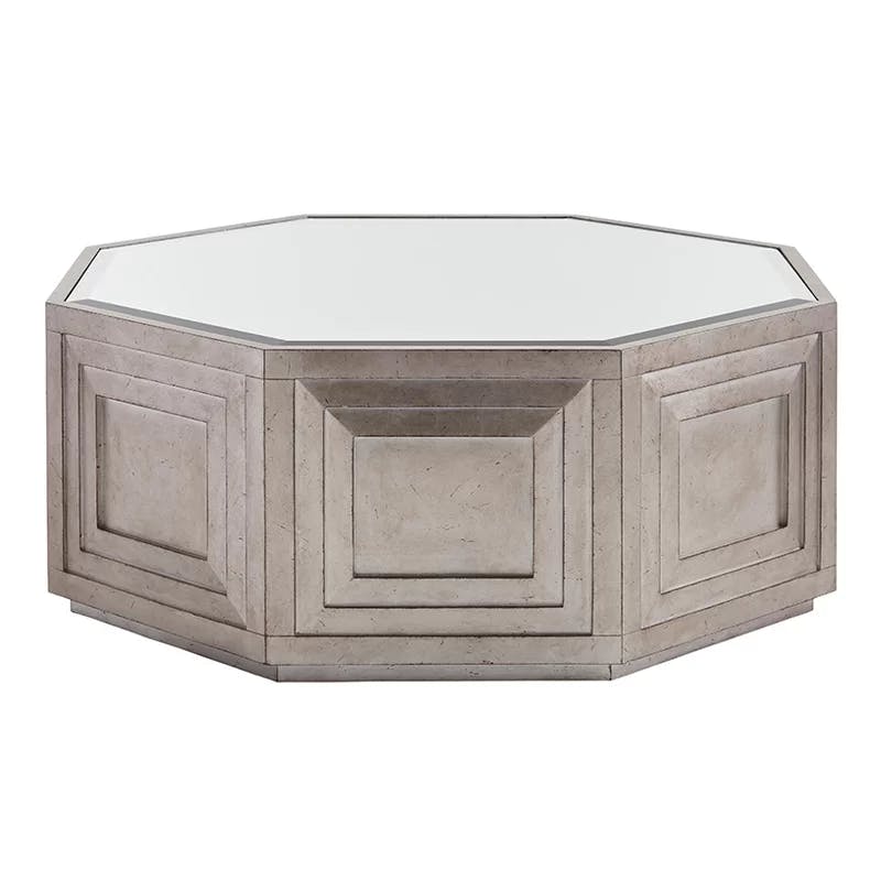 Beige and Silver Contemporary Octagonal Cocktail Table with Storage