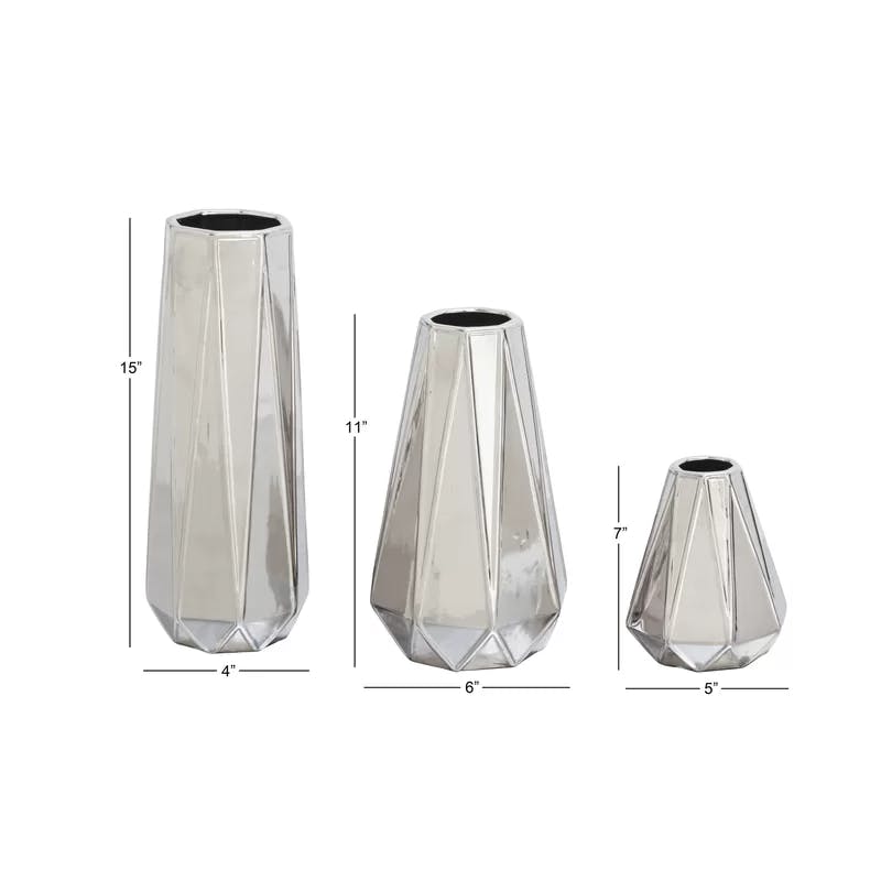 Elegant Silver Ceramic Geometric Vase Trio, 13" 11" 6" Set