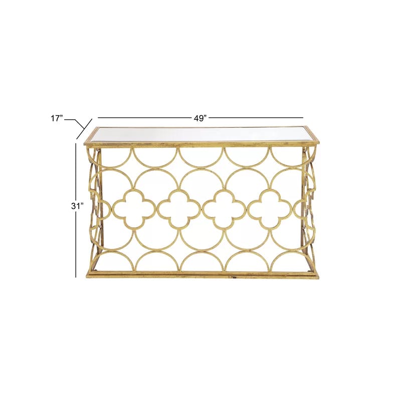 Elegant Gold Quatrefoil 49" Mirrored Demilune Console Table