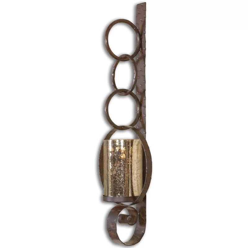 Falconara Rustic 39'' Distressed Rust Brown Metal Wall Sconce with Antiqued Mercury Glass Hurricane