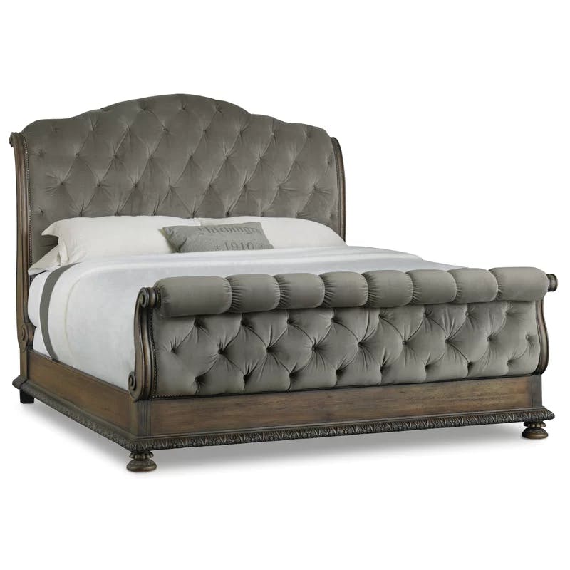 King-Sized Traditional Sleigh Bed with Tufted Beige Upholstery