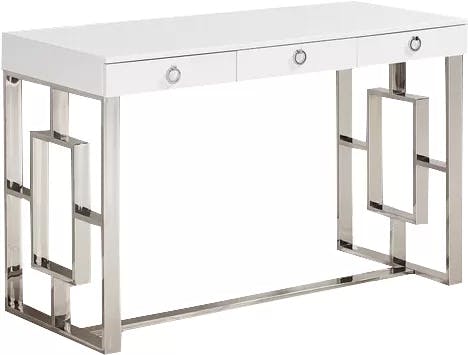 Luxe White High Gloss 47" Writing Desk with Stainless Steel Frame & Drawers