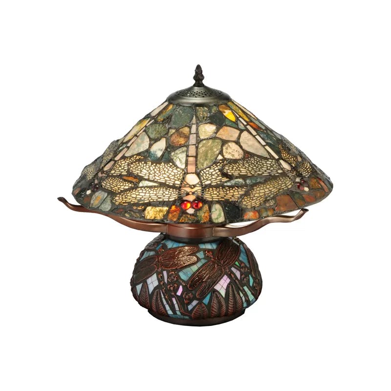 Dragonfly Cut Jasper 2-Light Bronze Stained Glass Table Lamp