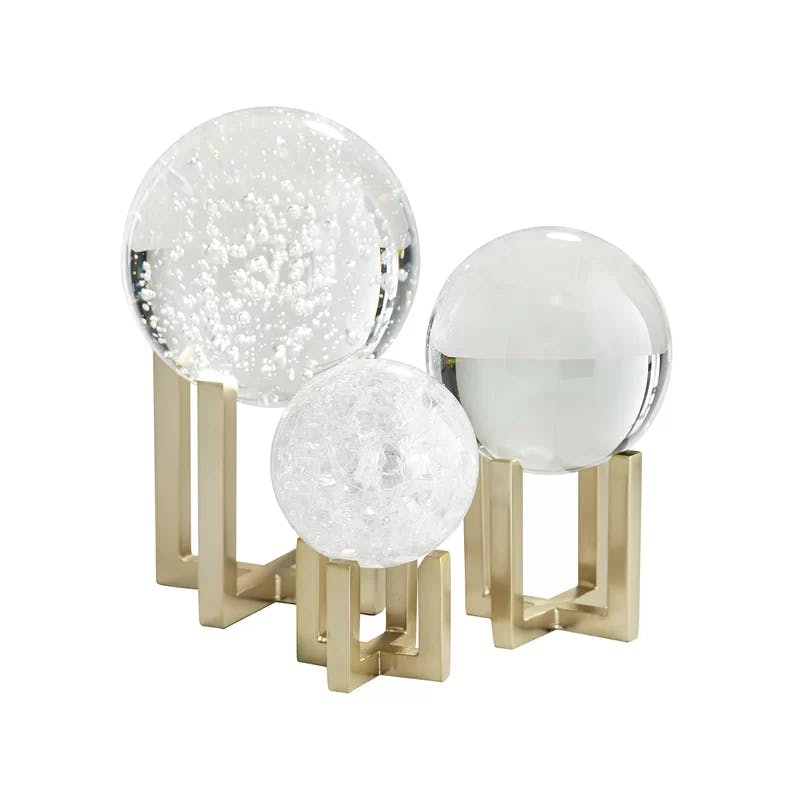 Graceful Trio Crystal Orb Sculptures with Antique Brass Pedestals