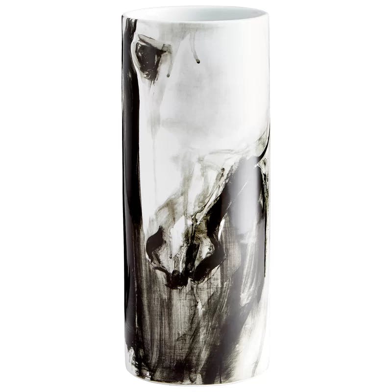 Sleek Contemporary 16'' Black & White Marbled Ceramic Vase