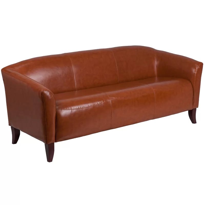 Cognac Faux Leather Tight Back Reception Sofa with Wood Track Arms