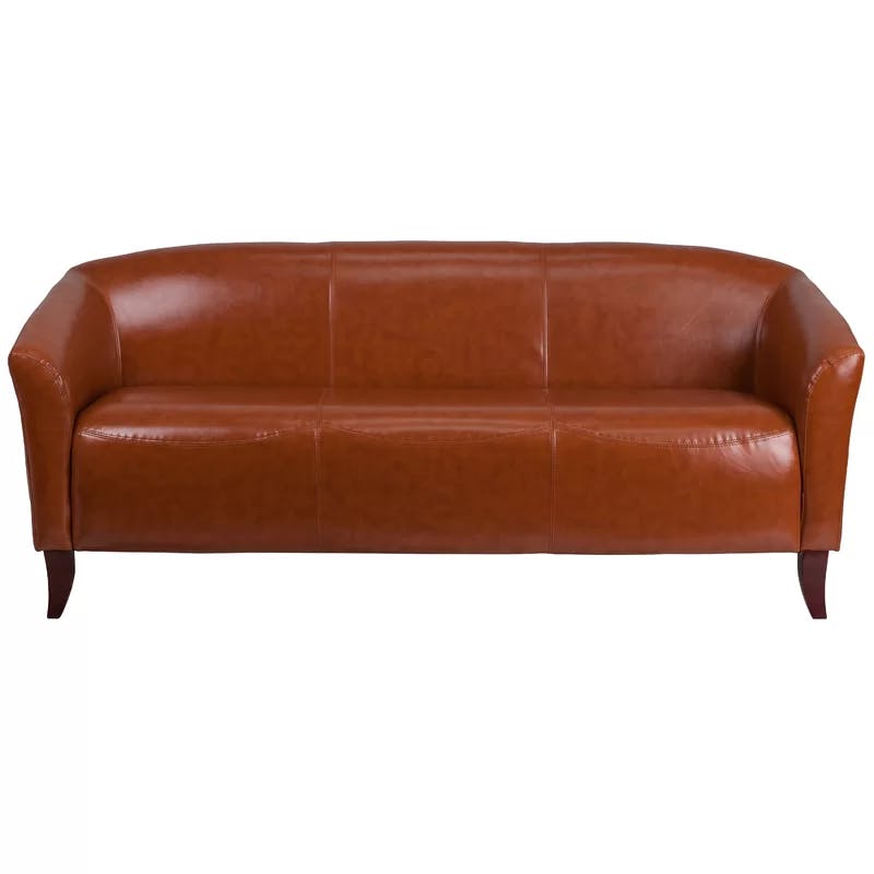 Cognac Faux Leather Tight Back Reception Sofa with Wood Track Arms
