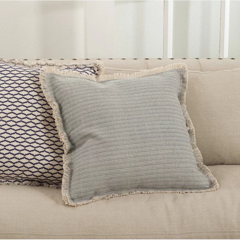 Canberra 20" Blue Grey Fringed Pinstriped Cotton Throw Pillow
