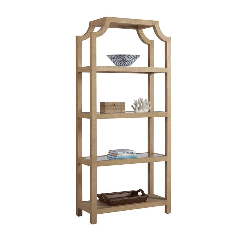 Newport Transitional 42'' White and Brown Raffia Etagere Bookcase