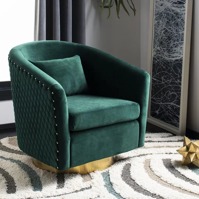 Emerald Velvet Swivel Barrel Chair with Gold Accents