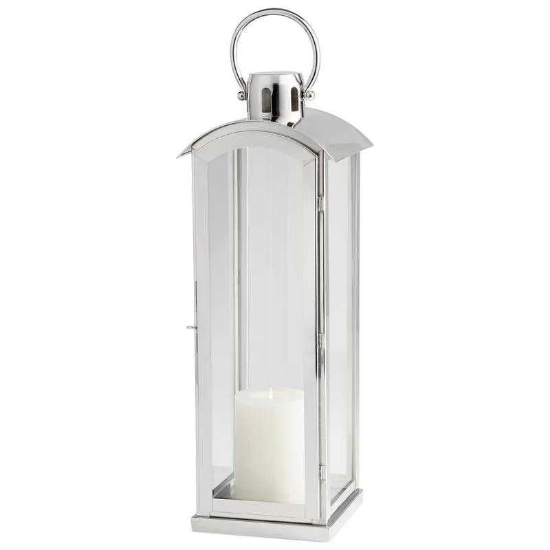 Modern Nickel and Glass Tall Tabletop Candle Lantern, 24"
