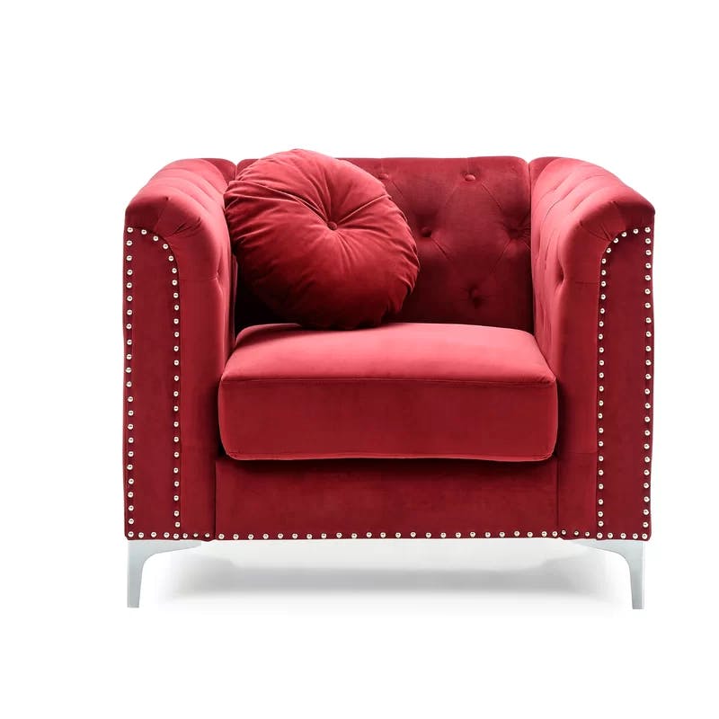Elegant Burgundy Velvet Wood Armchair with Chrome Accents