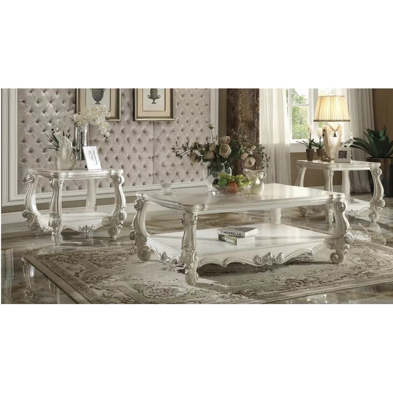 Elegant Artisan Bone White Wood and Glass Coffee Table with Storage