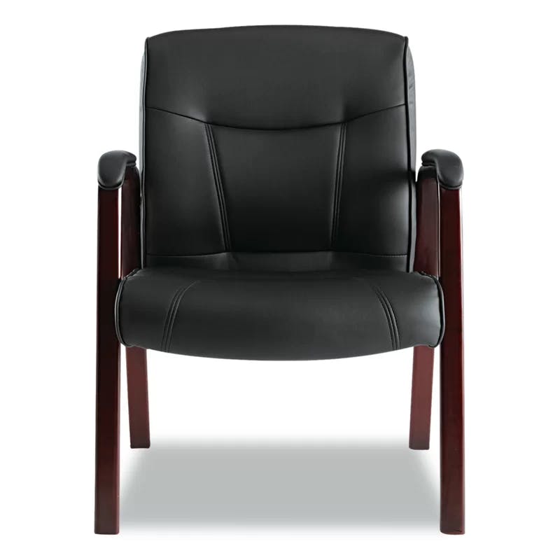 Madaris Black Bonded Leather Guest Chair with Mahogany Wood Trim