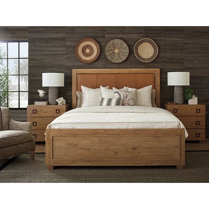 Transitional Queen Oak Upholstered Bed with Nailhead Trim