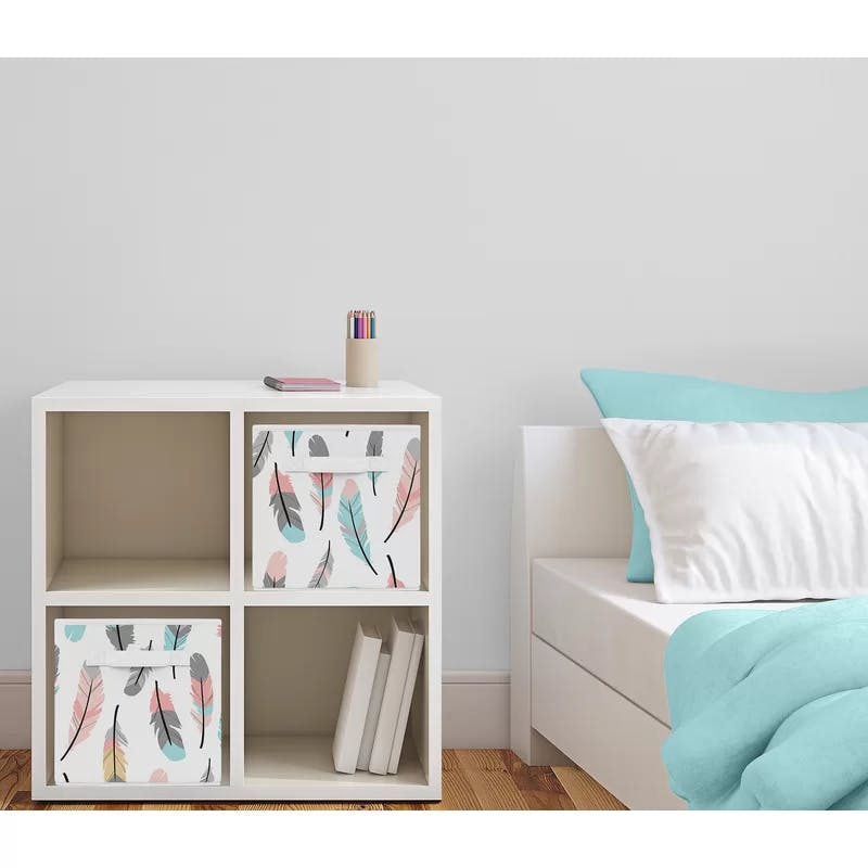 Coral & Turquoise Feather Print Collapsible Fabric Storage Cubes (Set of 2)
