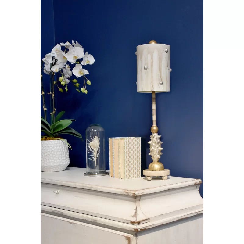 Elegant Cream and Silver Leaf Striped Table Lamp with Parchment Shade